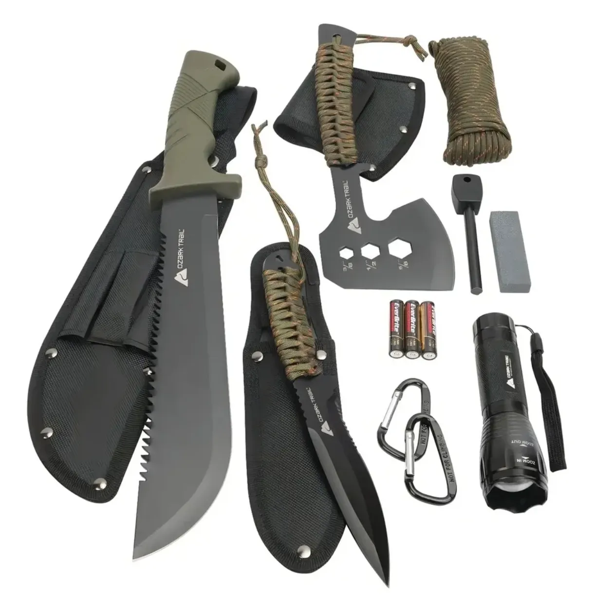 Kit de supervivencia Ozark Trail con machetes, hacha y linterna