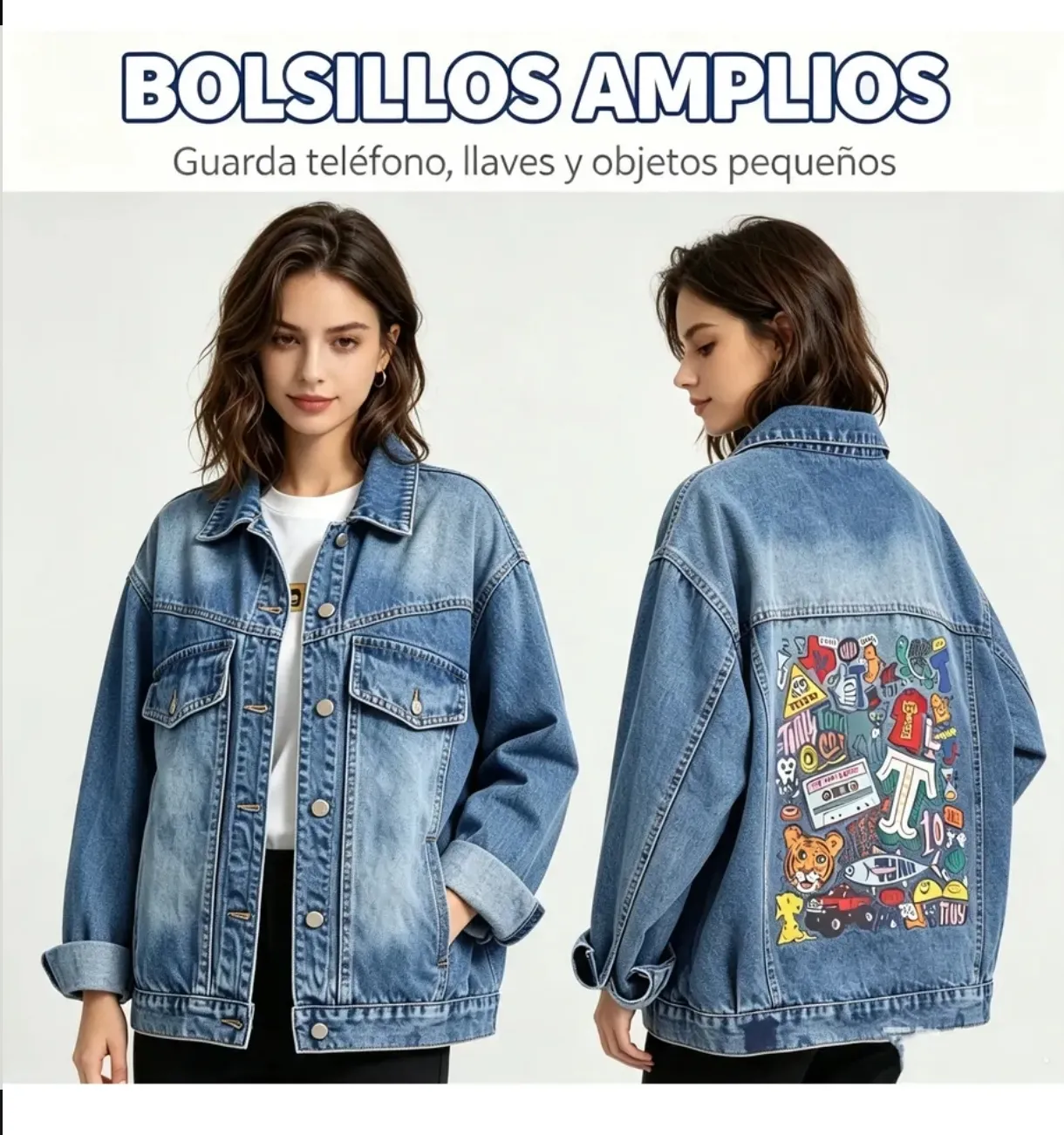 Chamarra de mezclilla oversize con gráficos coloridos en espalda