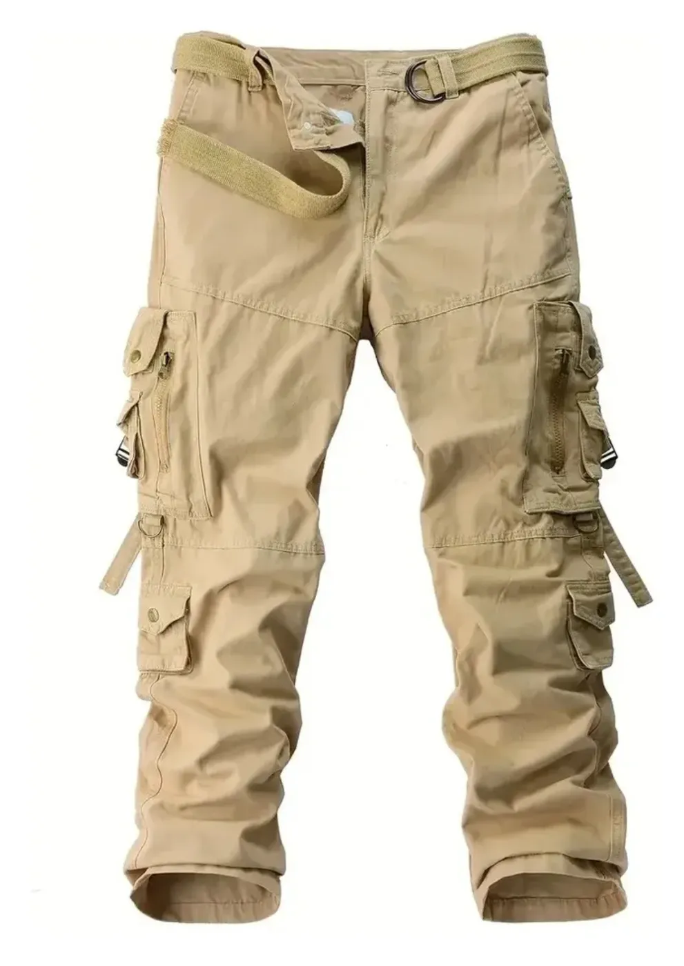 Pantalón Cargo Táctico Beige con Múltiples Bolsillos y Cinturón