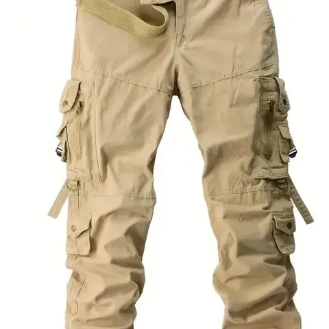 Pantalón Cargo Táctico Beige con Múltiples Bolsillos y Cinturón